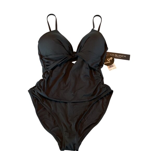 NWT La Blanca Black Push-Up One Piece Swimsuit Cutout & Adjustable Straps Sz 12 - Picture 2 of 12